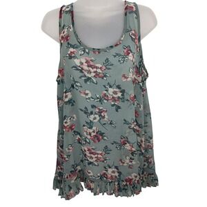 World Market boho Womens sz S M Tank Top Sheer Blue Floral Sleeveless Ruffle Hem